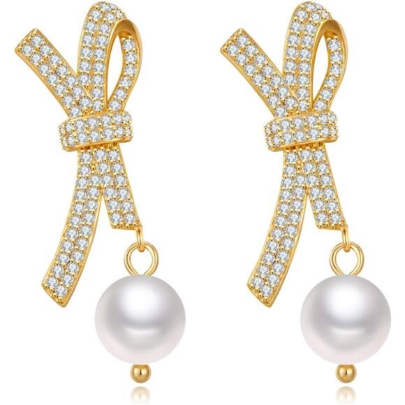 Pearl Bow Earrings | 18K Gold Plated Studs | Dainty Minimalist Jewelry - Picture 1 of 6